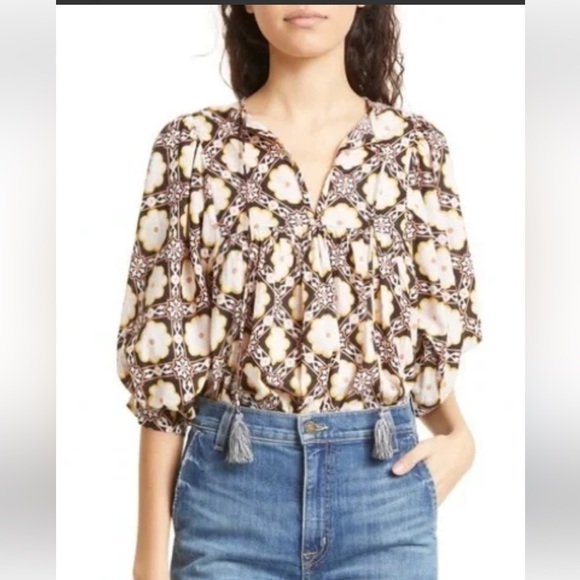 Mille Thalia Top in Merida Black Brown Cream Yellow Retro Floral XXS - Picture 13 of 14